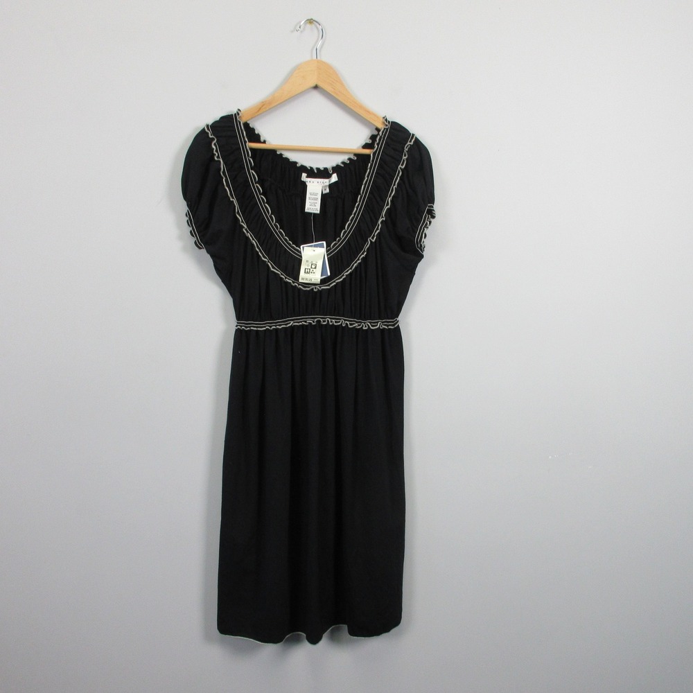Max Studio Knee Length Dress M Black Viscose Ruffle Trim Casual Career Boho 440